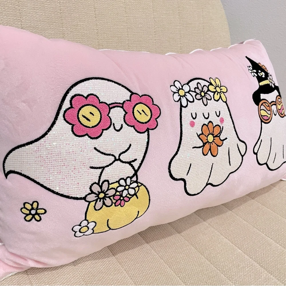 Pink Retro Ghost Floral Halloween Lumbar Pillow Glitter Embroidered Plush Decor
